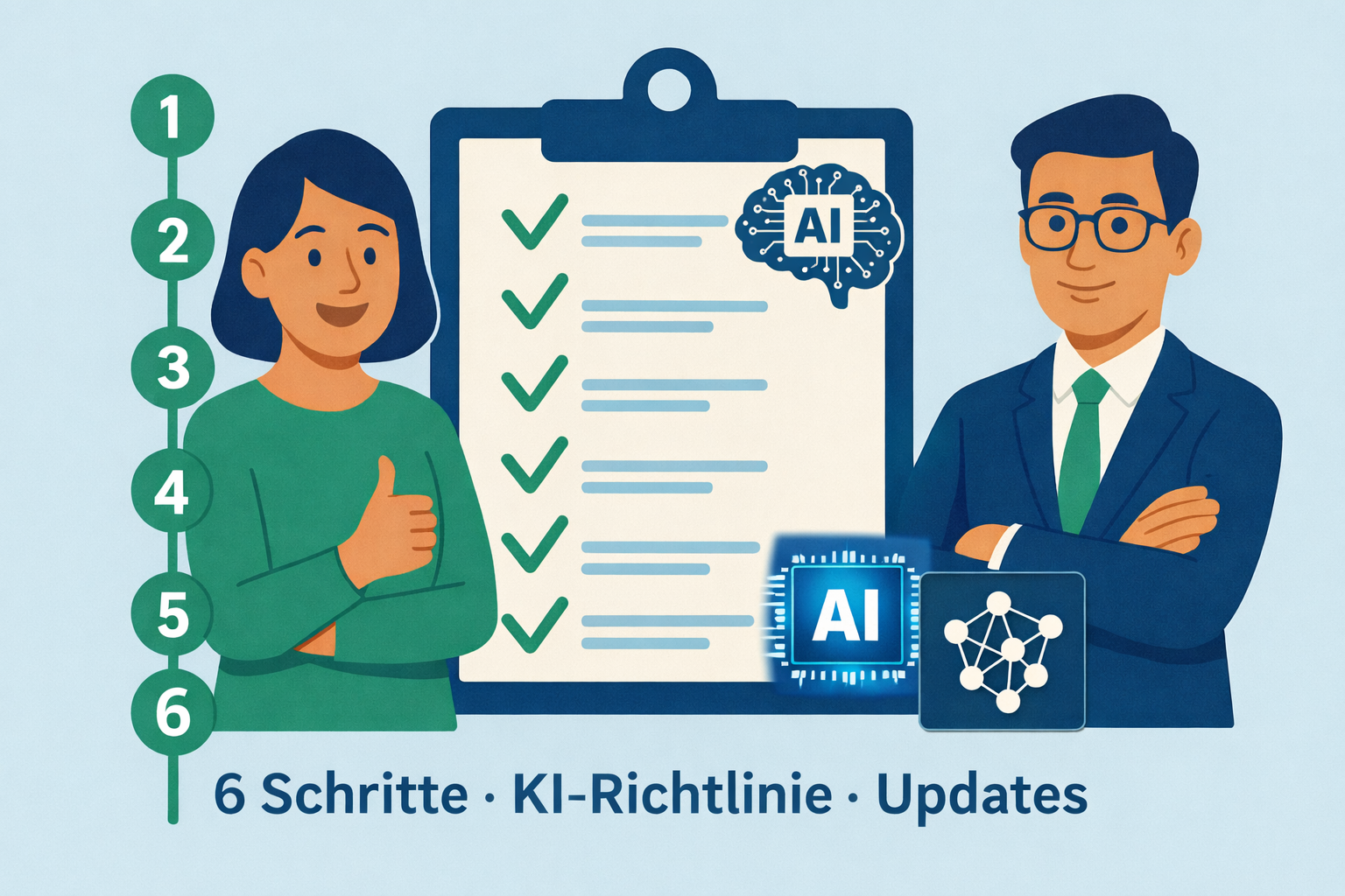 Illustration zu KI-Richtlinien mit Checkliste und Symbolen für DOCX und PDF